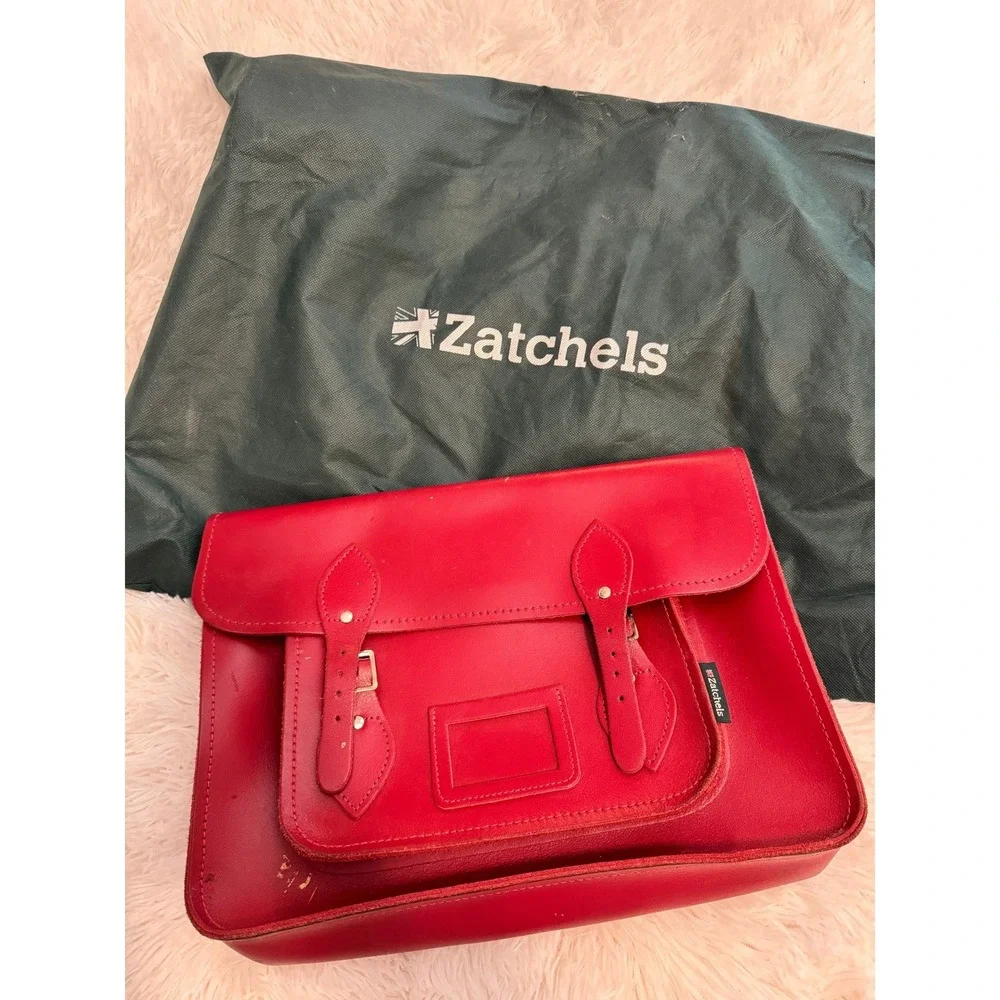 Zatchels Red Leather Satchel Messenger Bag Handmade in England 14.5 Inch